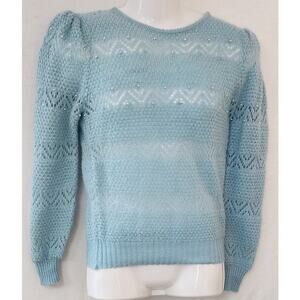 Vtg 80's Light Blue Pointelle Knit Sweater Pearl Embellished Puff Sleeves W Med